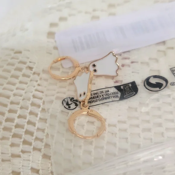 Boho Halloween Ghost Earrings Dangling Huggie White Gold Tone 1.18 In - Picture 3 of 11